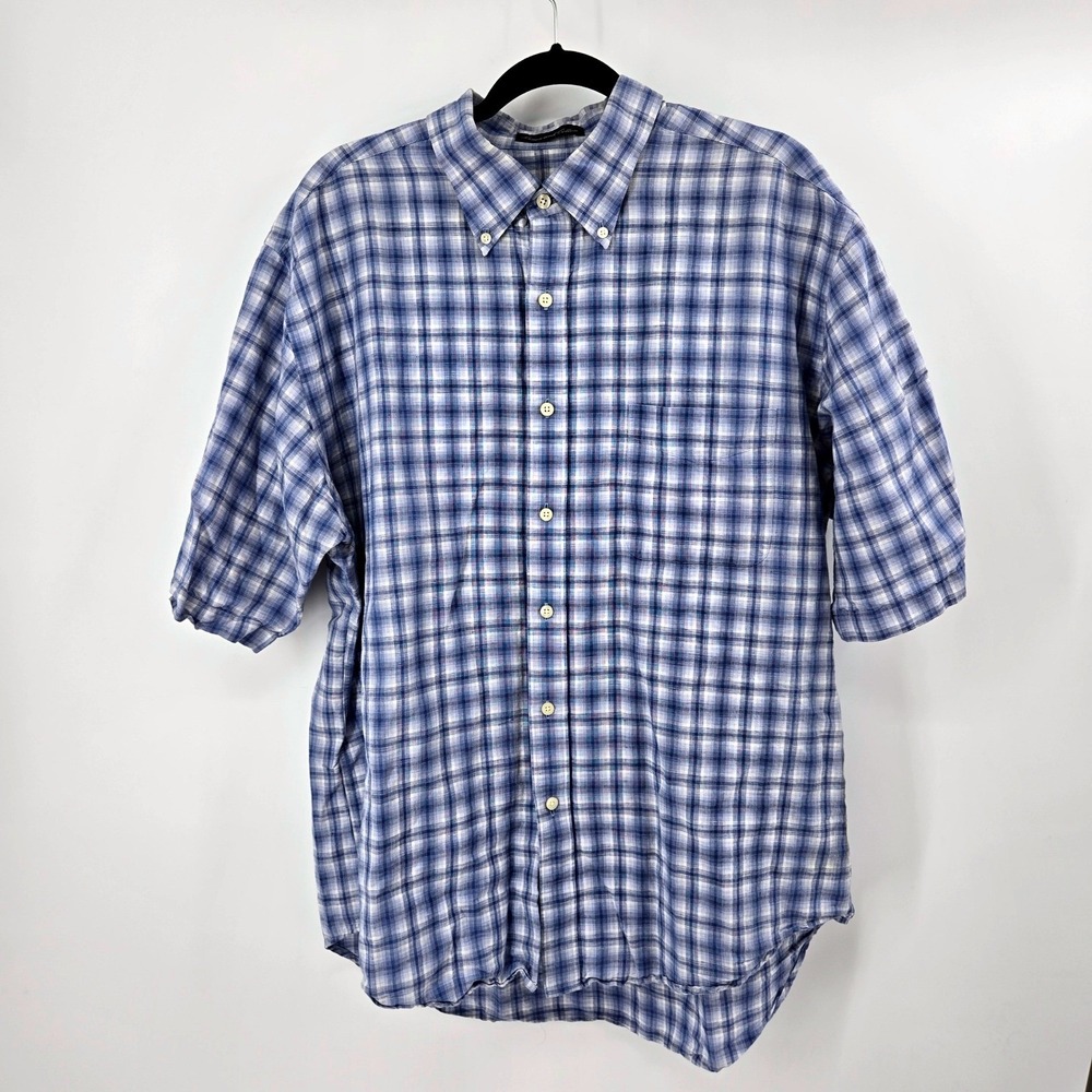 Austin Reed Shirt XL Blue Plaid Linen Cotton Blend Big & Tall Coastal Button EUC